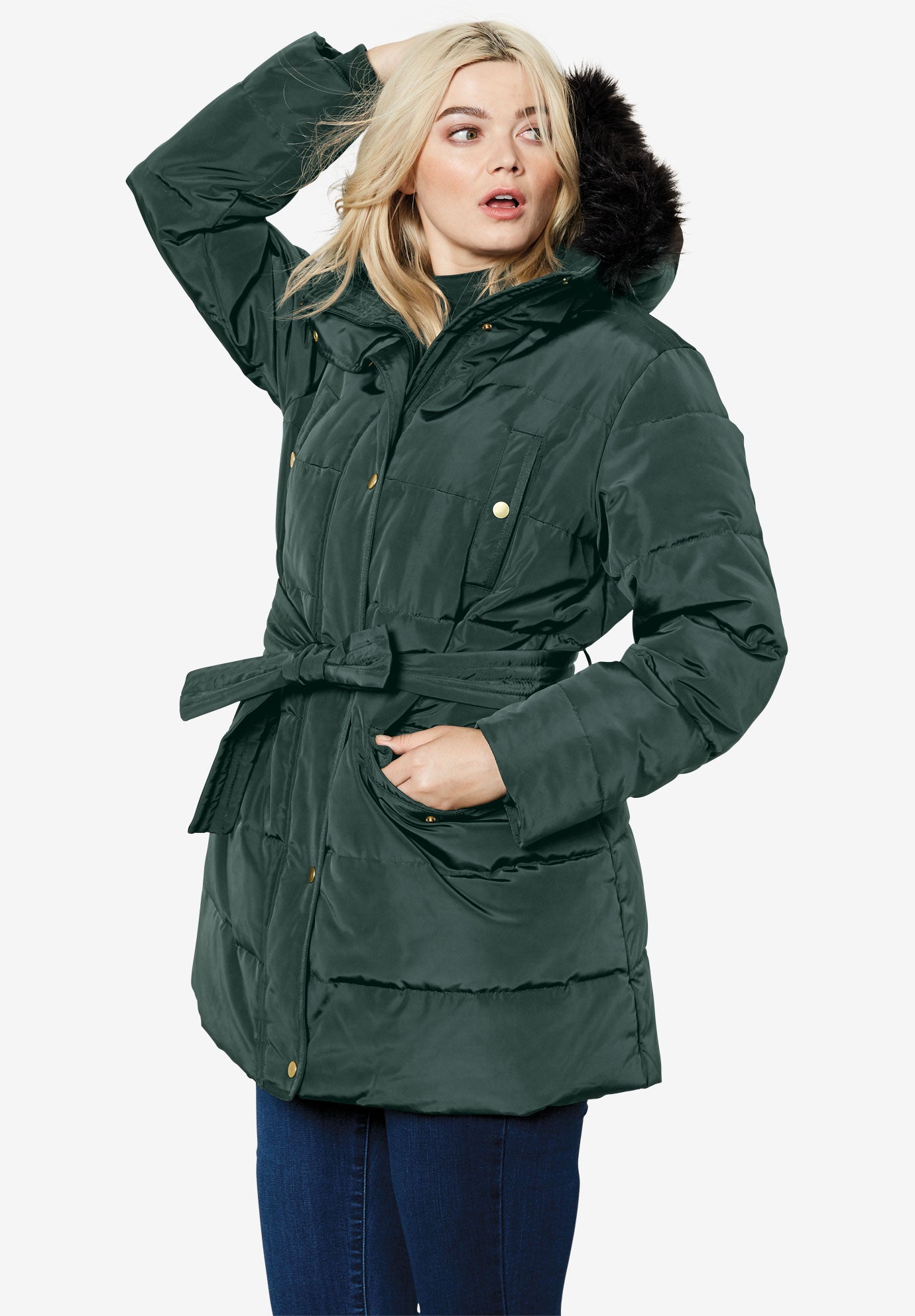 threadbare stanley belted puffer coat with hood