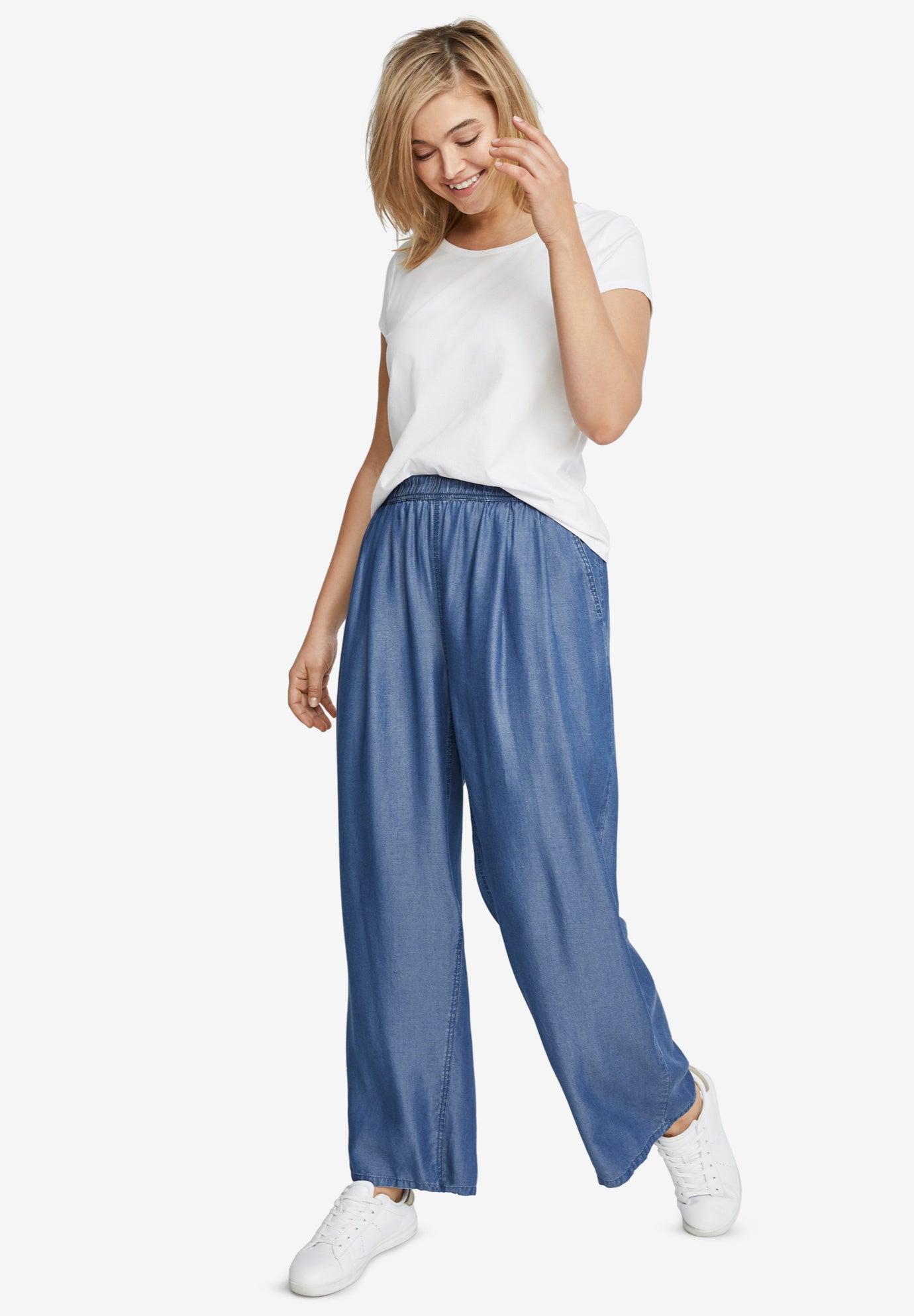 Wide Leg Elastic Waist Denim Pants 