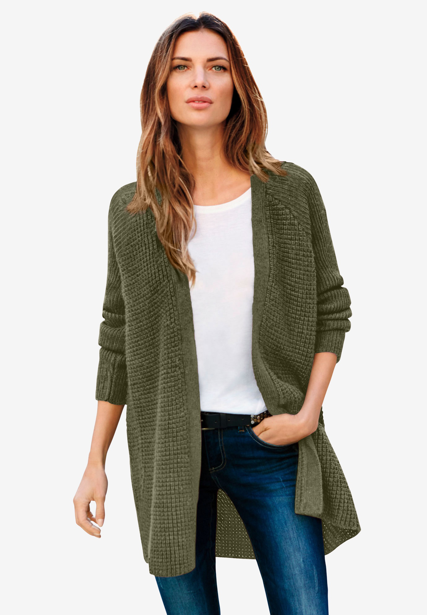 Open Front Waffle Cardigan | Woman Within