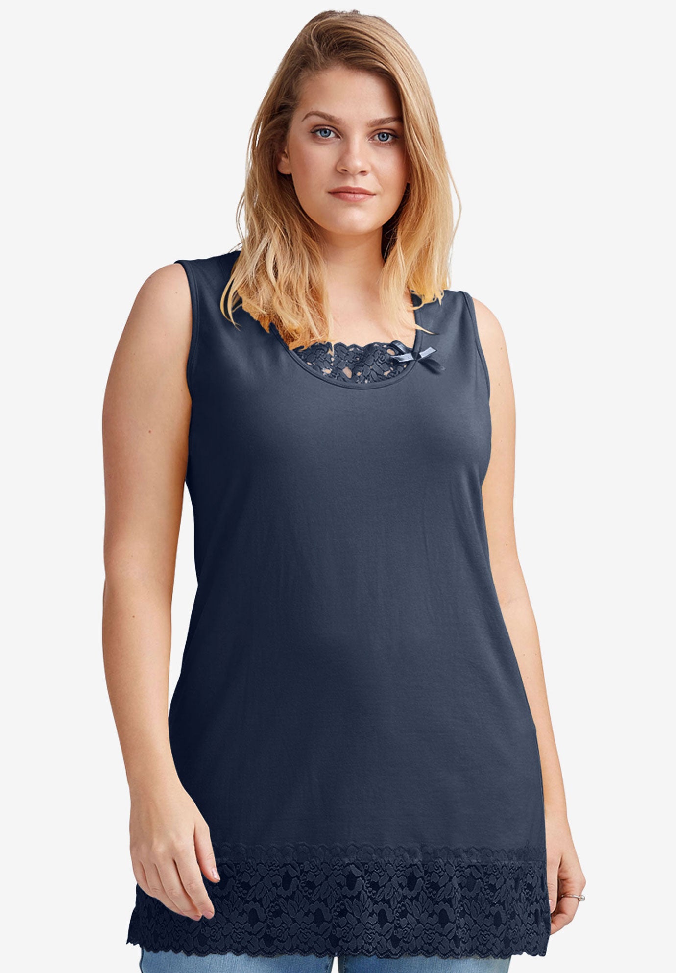 Lace Trim Tank by ellos® Plus Size Tank Tops Woman Within