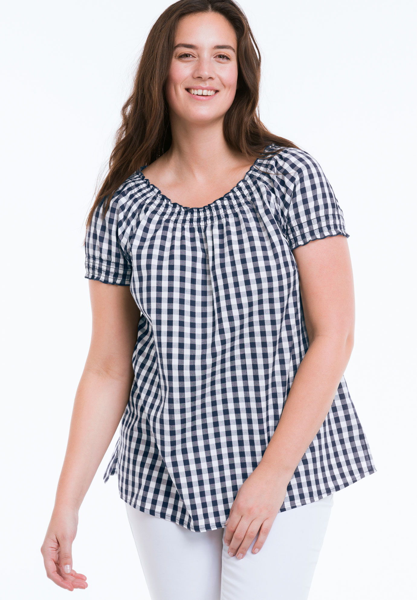 Gingham Peasant Tunic by ellos®| Plus Size Tops | Woman Within