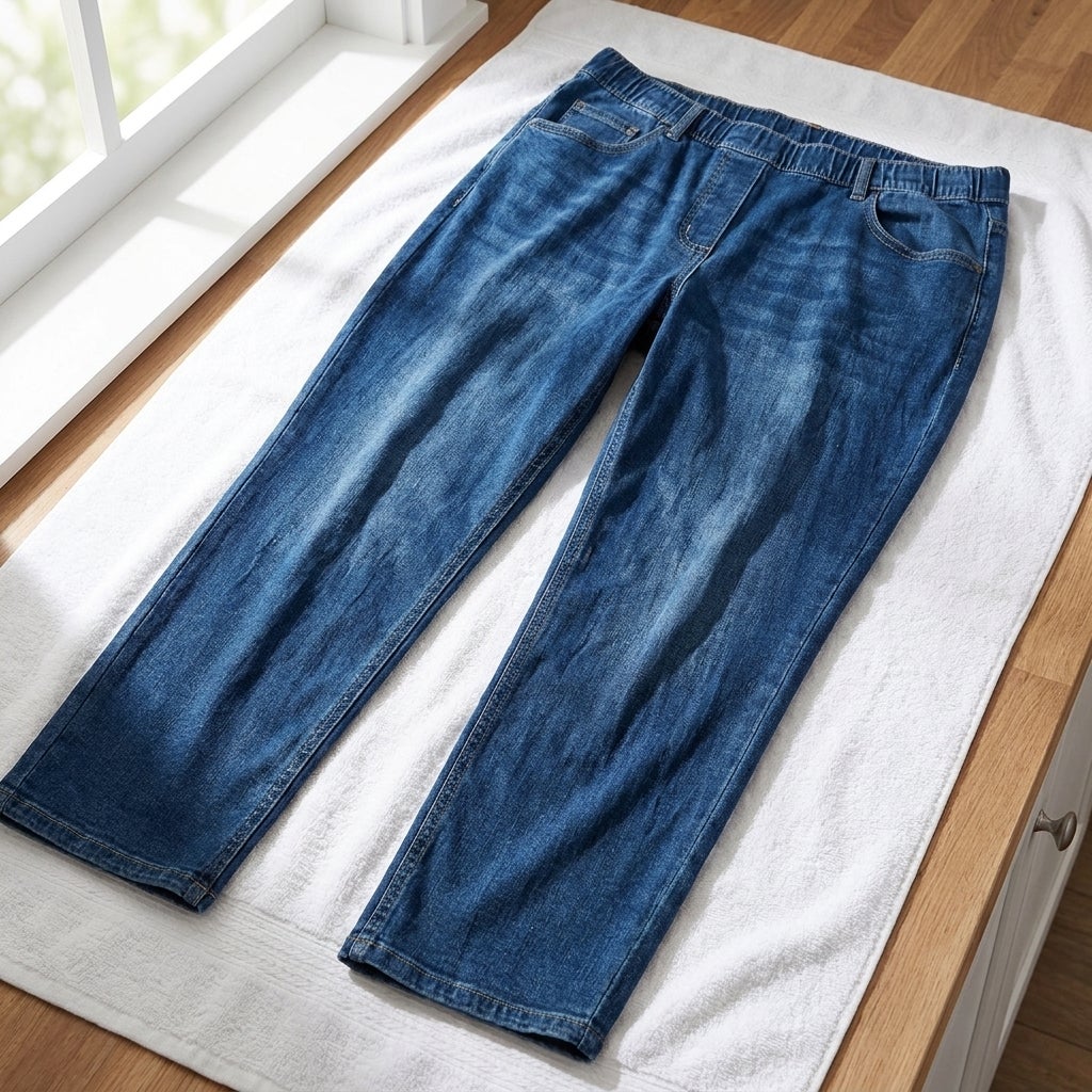 Cotton denim pants laid flat on a towel to air dry after washing