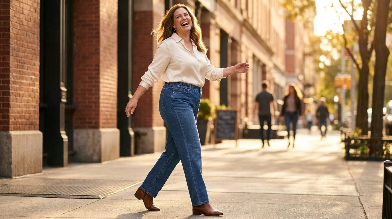Woman in gap-free back-elastic straight-leg jeans walking on a sunlit sidewalk