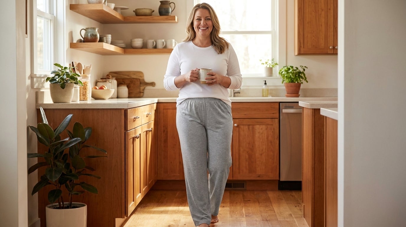 Woman in a straight-leg knit lounge pant with elastic waistband walking through a sunlit kitchen