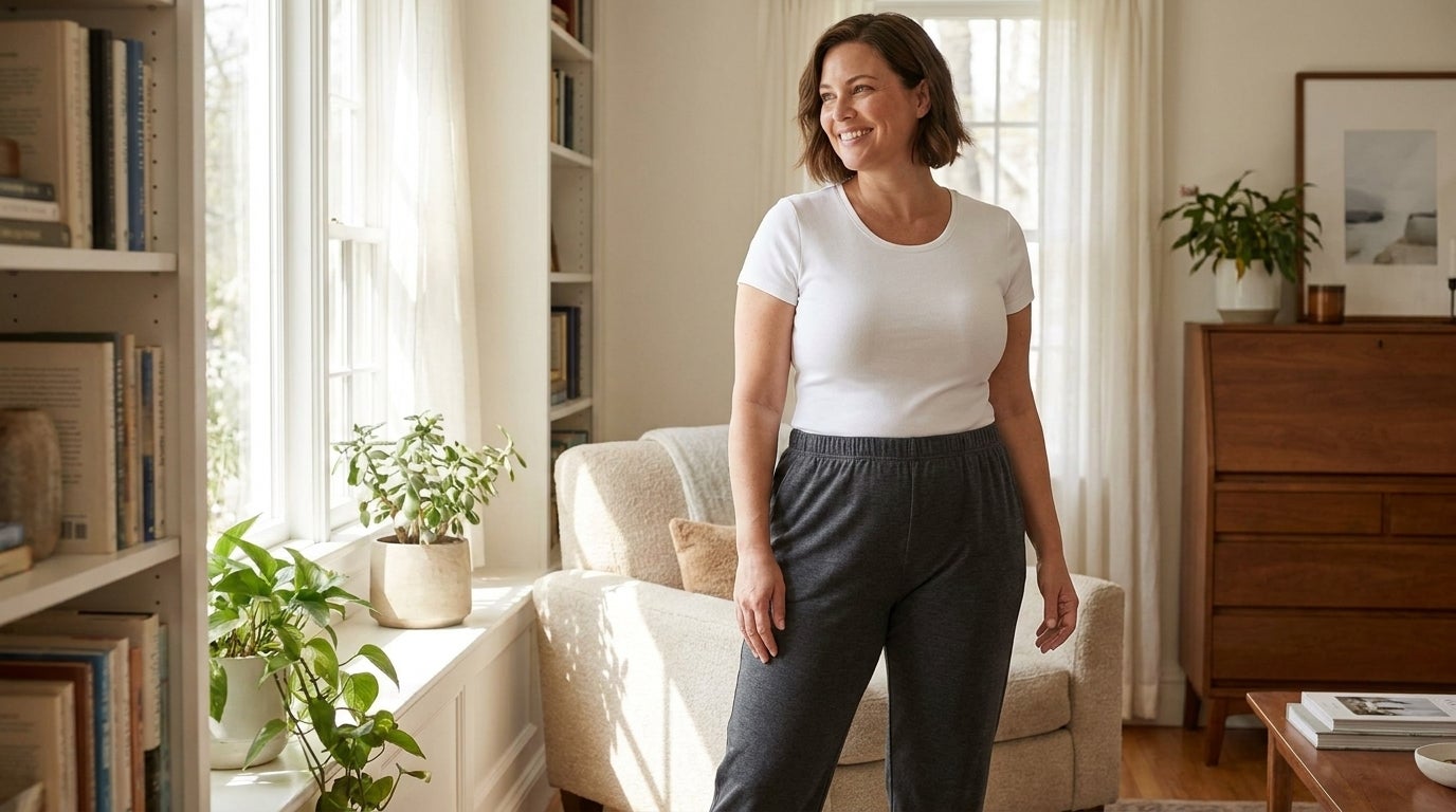 Plus-size woman standing in elastic-waist knit pants and a casual top at home