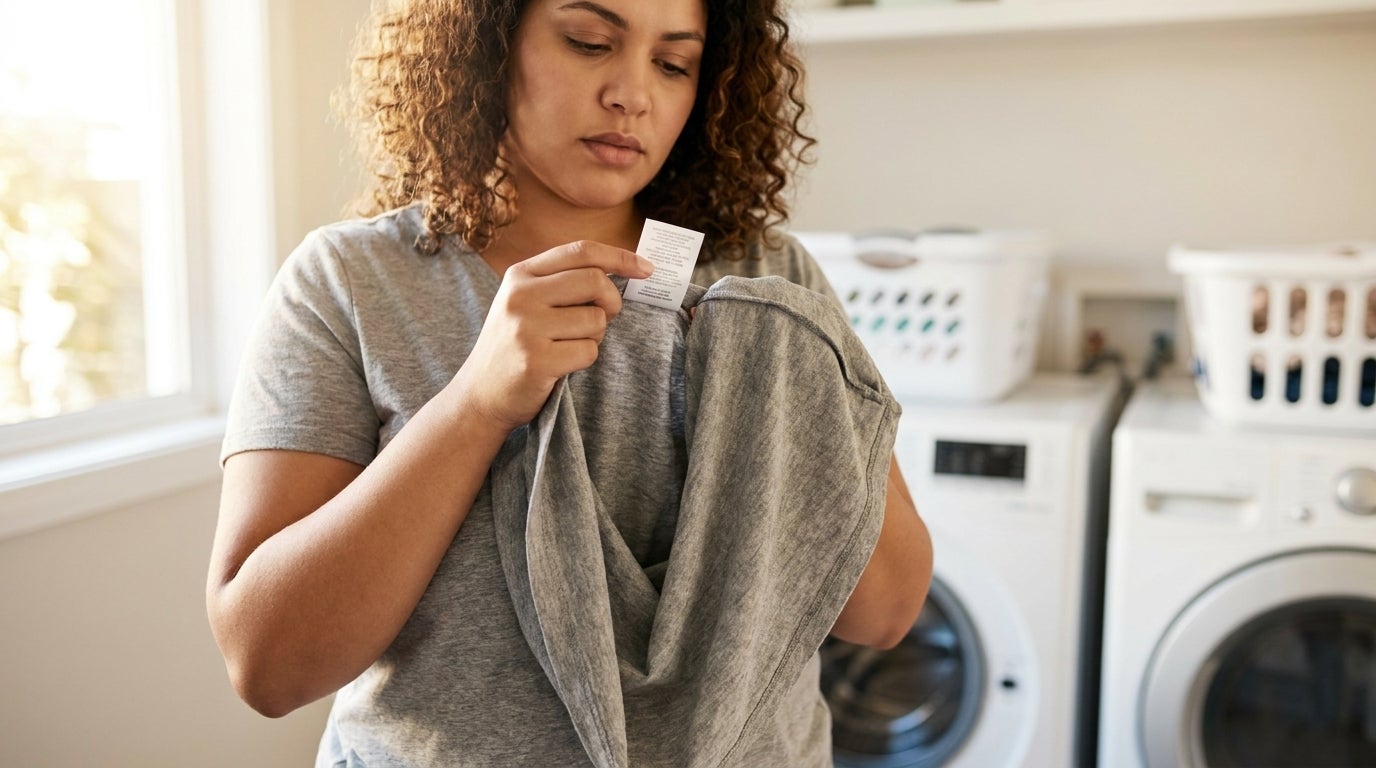 Woman reading the care label inside a cotton T-shirt before laundering