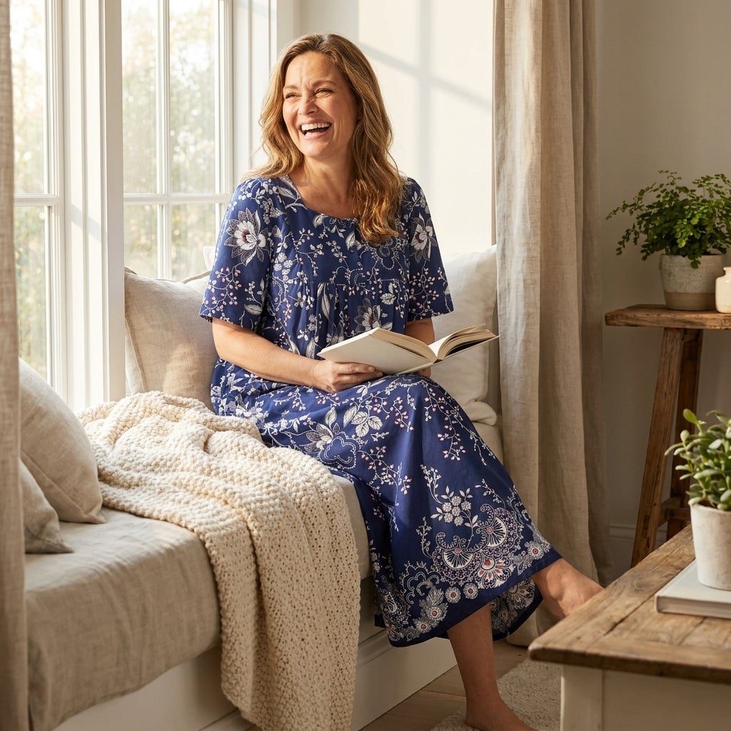 Woman wearing a bib-front maxi lounger seated on a sunlit window seat with a book