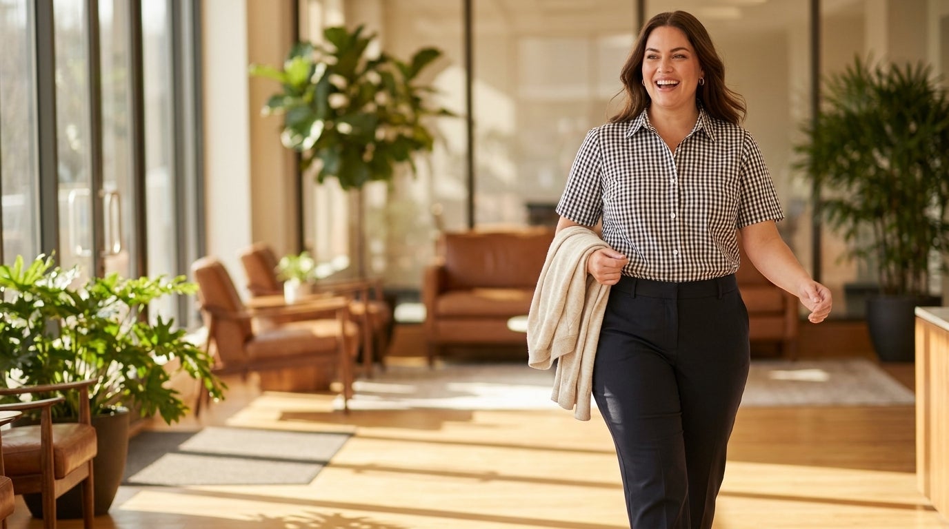 Woman in a collared button-down shirt and trousers walking into an office