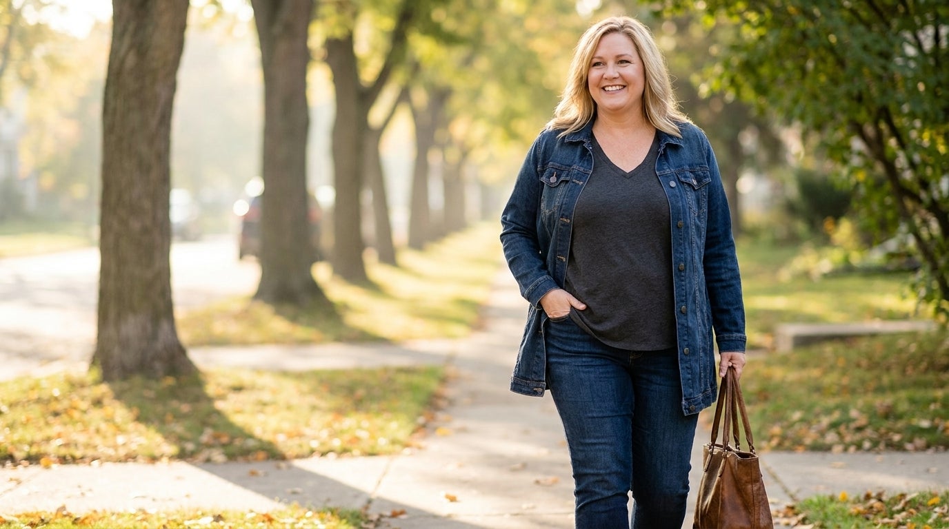 Woman wearing an open denim jacket over a tunic and leggings outdoors