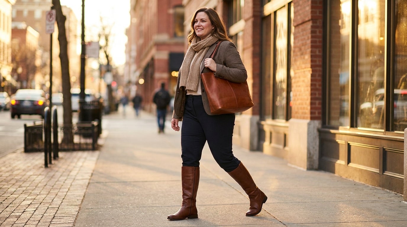 Woman walking confidently outdoors in tall wide-calf boots on a sunny day