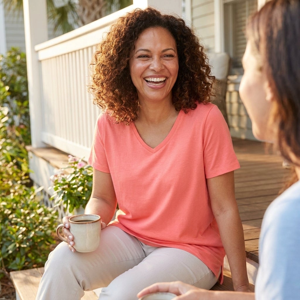 Woman laughing on a sunny porch step with coffee, wearing a relaxed short-sleeve V-neck cotton tee