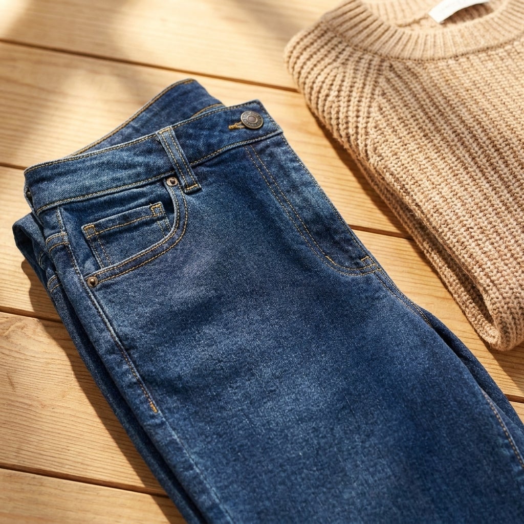 Close-up of mid-rise stretch denim waistband and five-pocket stitching in warm light