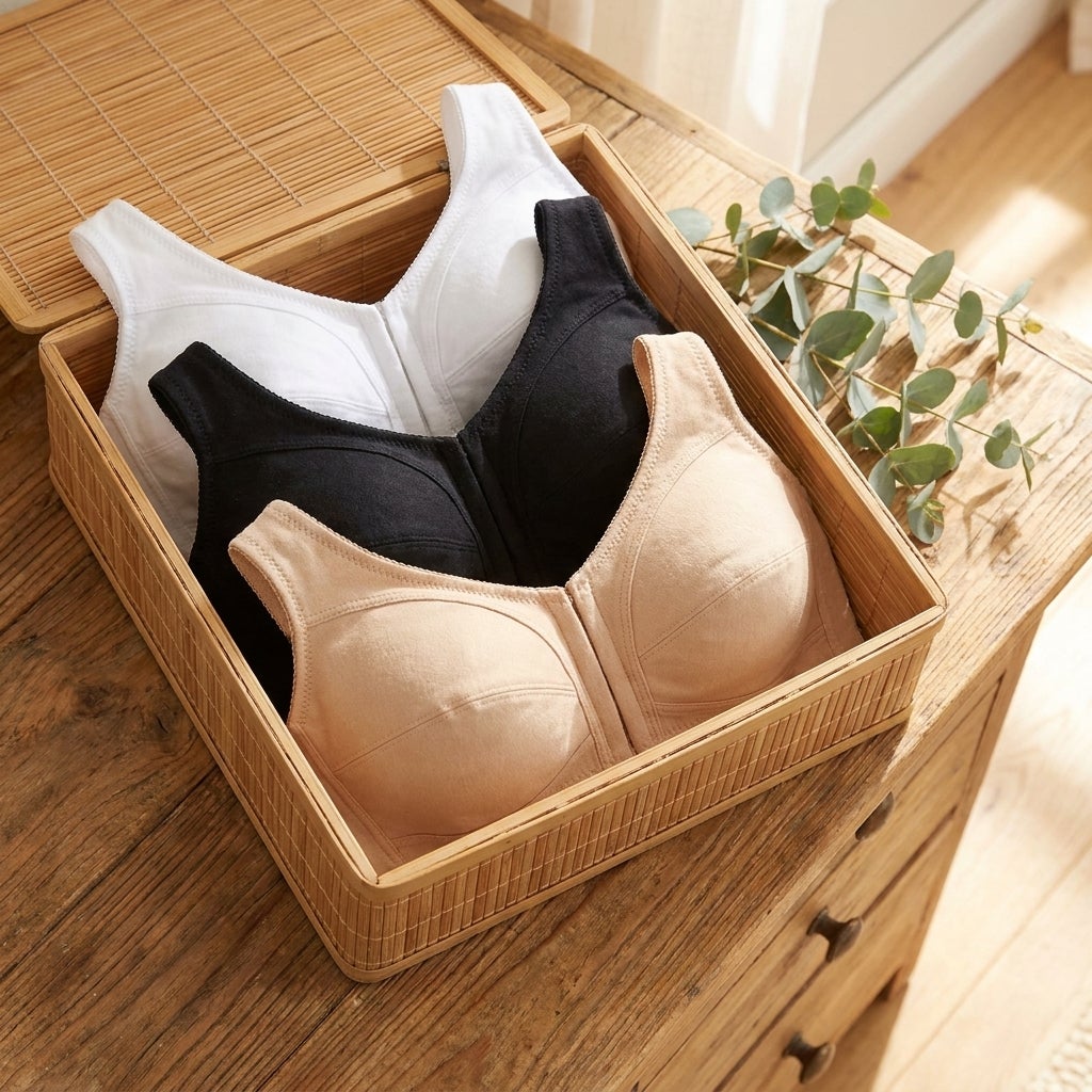 Three folded front-close cotton wireless bras in a woven drawer organizer on a sunlit dresser