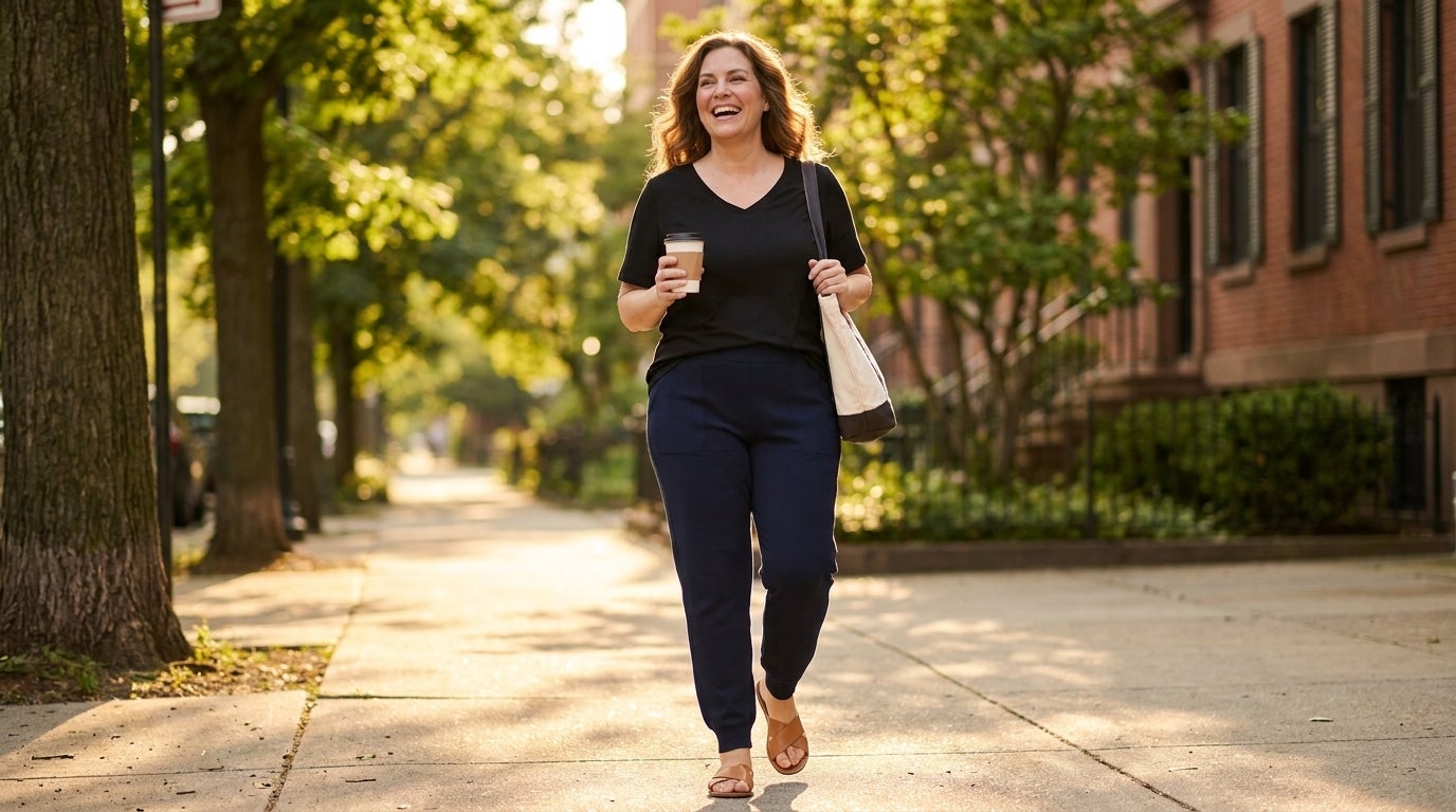 Woman walking down a sunny sidewalk in a short-sleeve V-neck tee and pull-on knit pants, coffee in hand