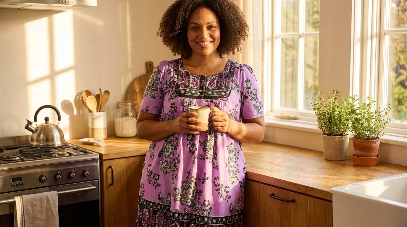 Woman in a bib-front short-sleeve maxi lounger holding a mug in a sunlit kitchen
