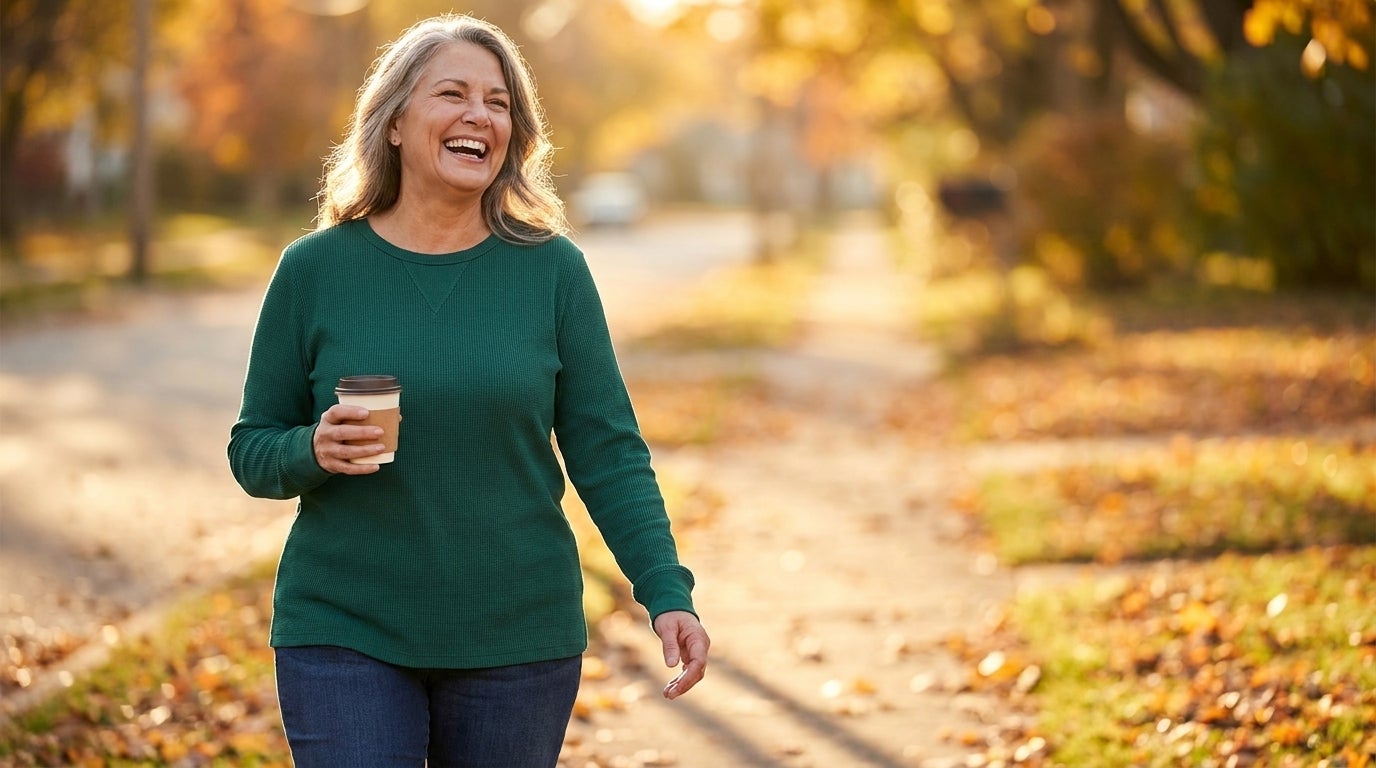 Smiling woman in a waffle-knit thermal shirt and full-length pants walking an autumn path at golden hour