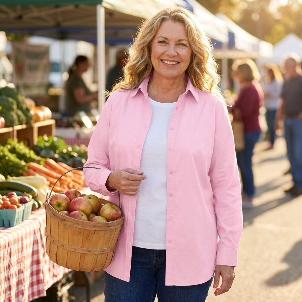 Woman wearing a long-sleeve button-front shirt open over a tee at a sunny outdoor market
