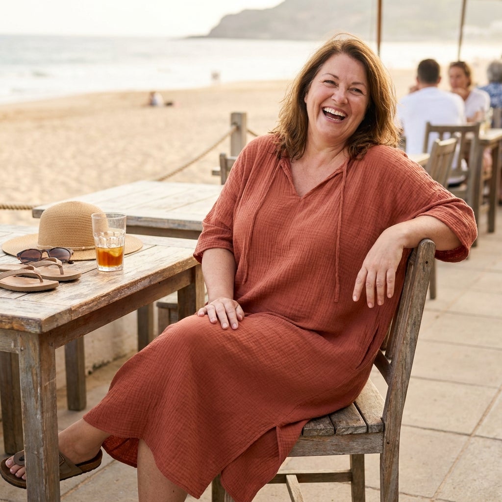 Woman laughing at an outdoor cafe table in a flowy pull-on caftan cover-up