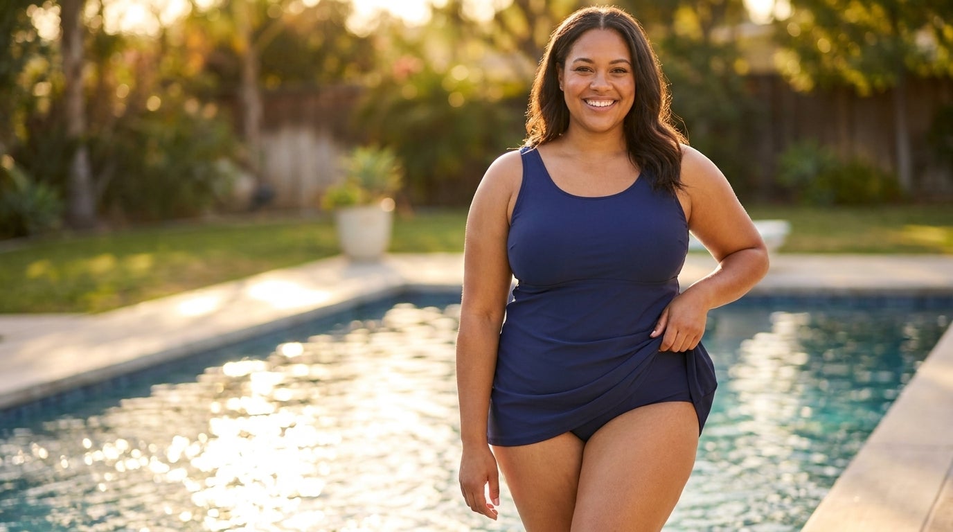 Woman in a high-waist full-coverage swim short and top standing poolside in warm sunlight