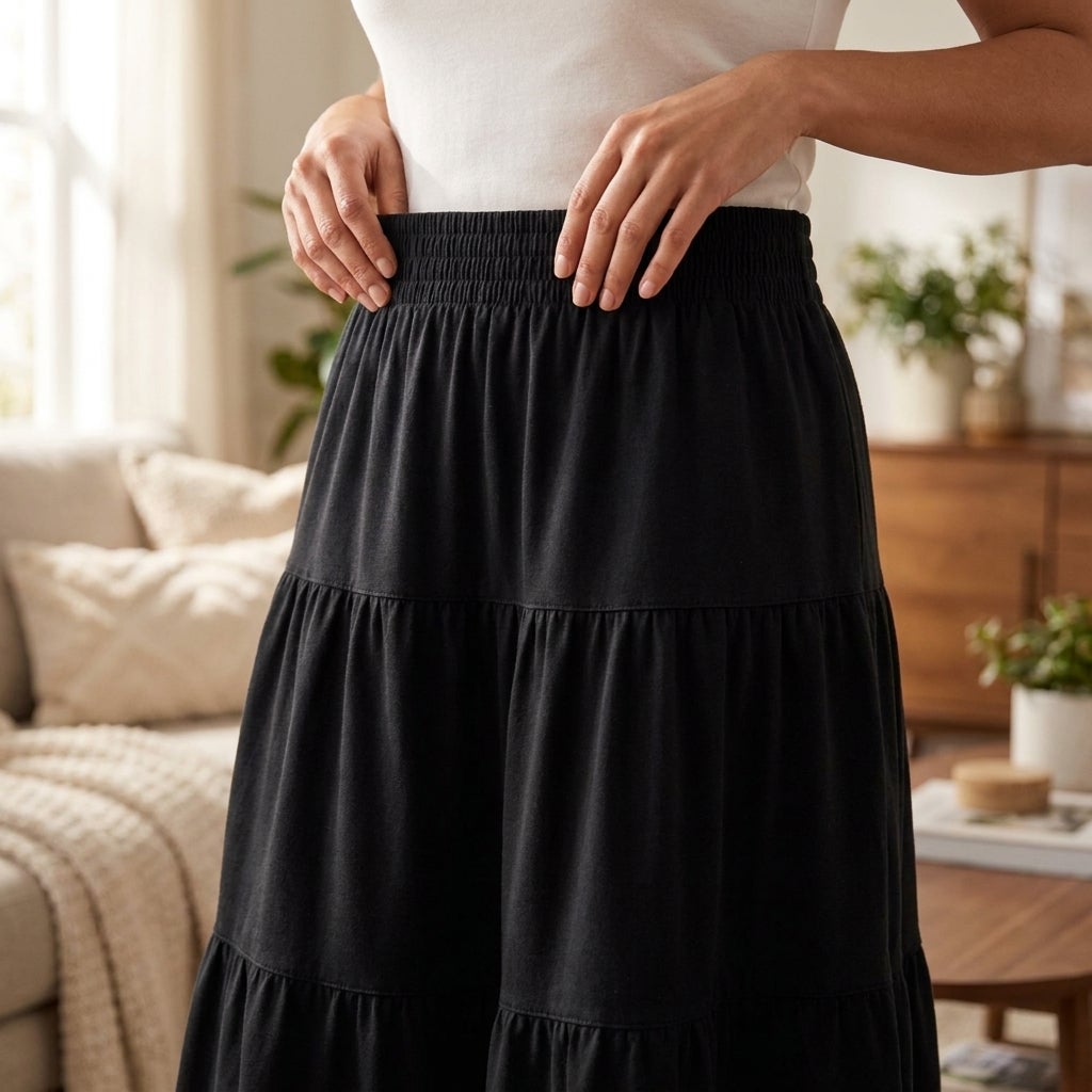 Close-up of a smocked elastic waistband on a knit tiered skirt