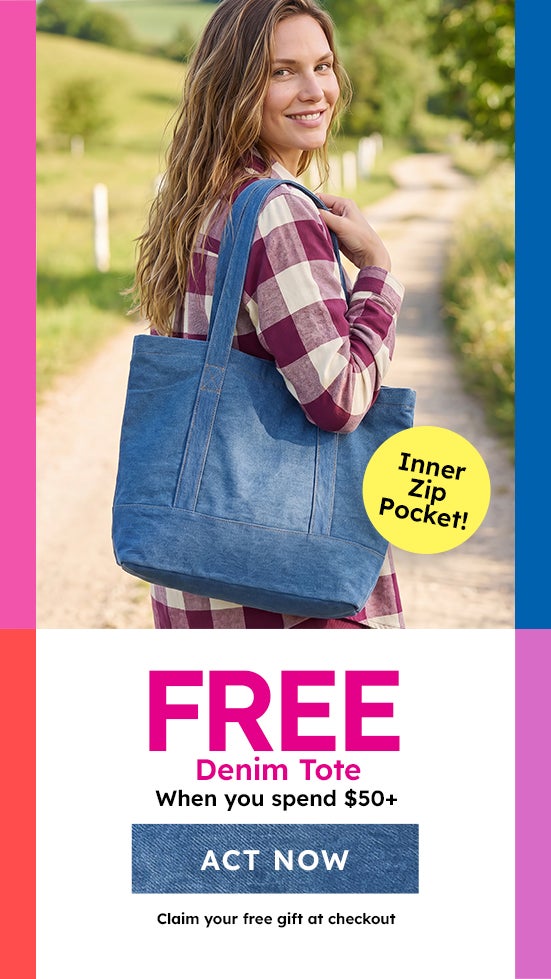 free denim tote when you spend $50+