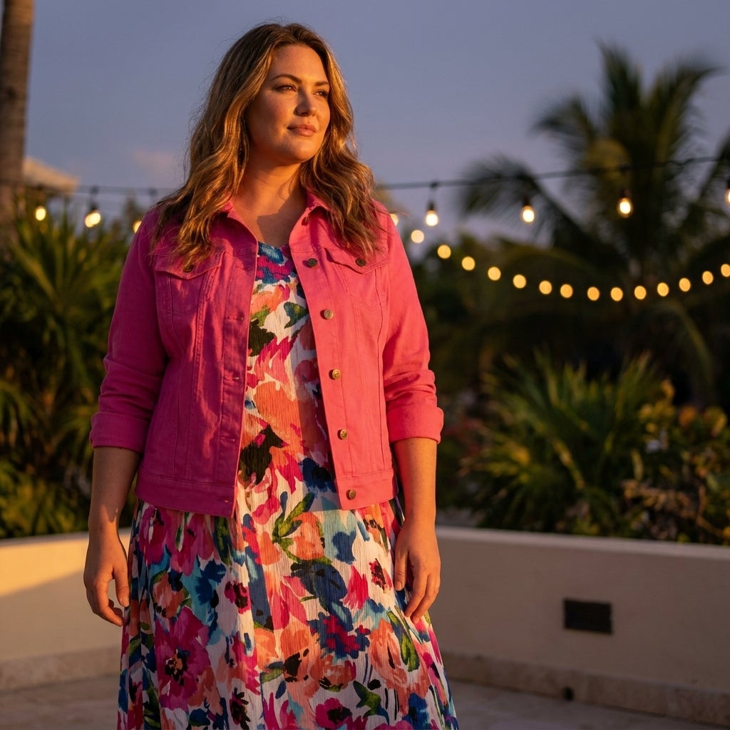 Woman wearing an unbuttoned denim jacket over a printed maxi dress at dusk