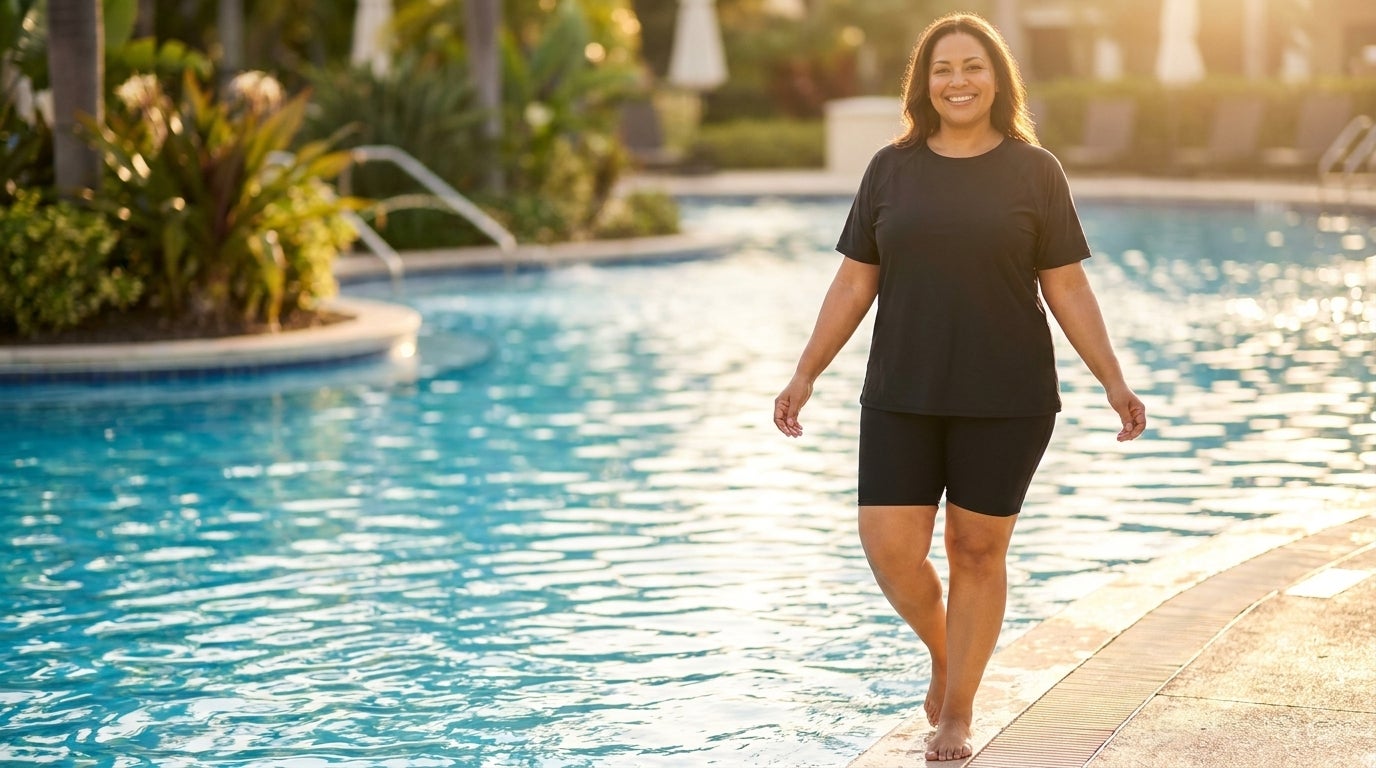 Woman in a swim shirt and high-waist swim short laughing at the pool's edge