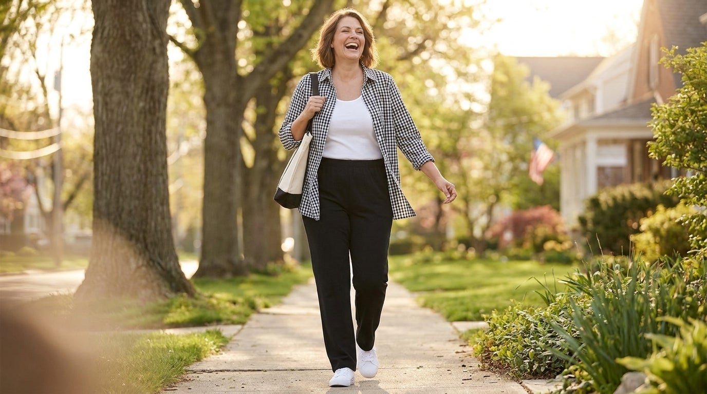 Smiling woman walking a sunny sidewalk in a straight-leg elastic-waist knit pant, a tee, and sneakers