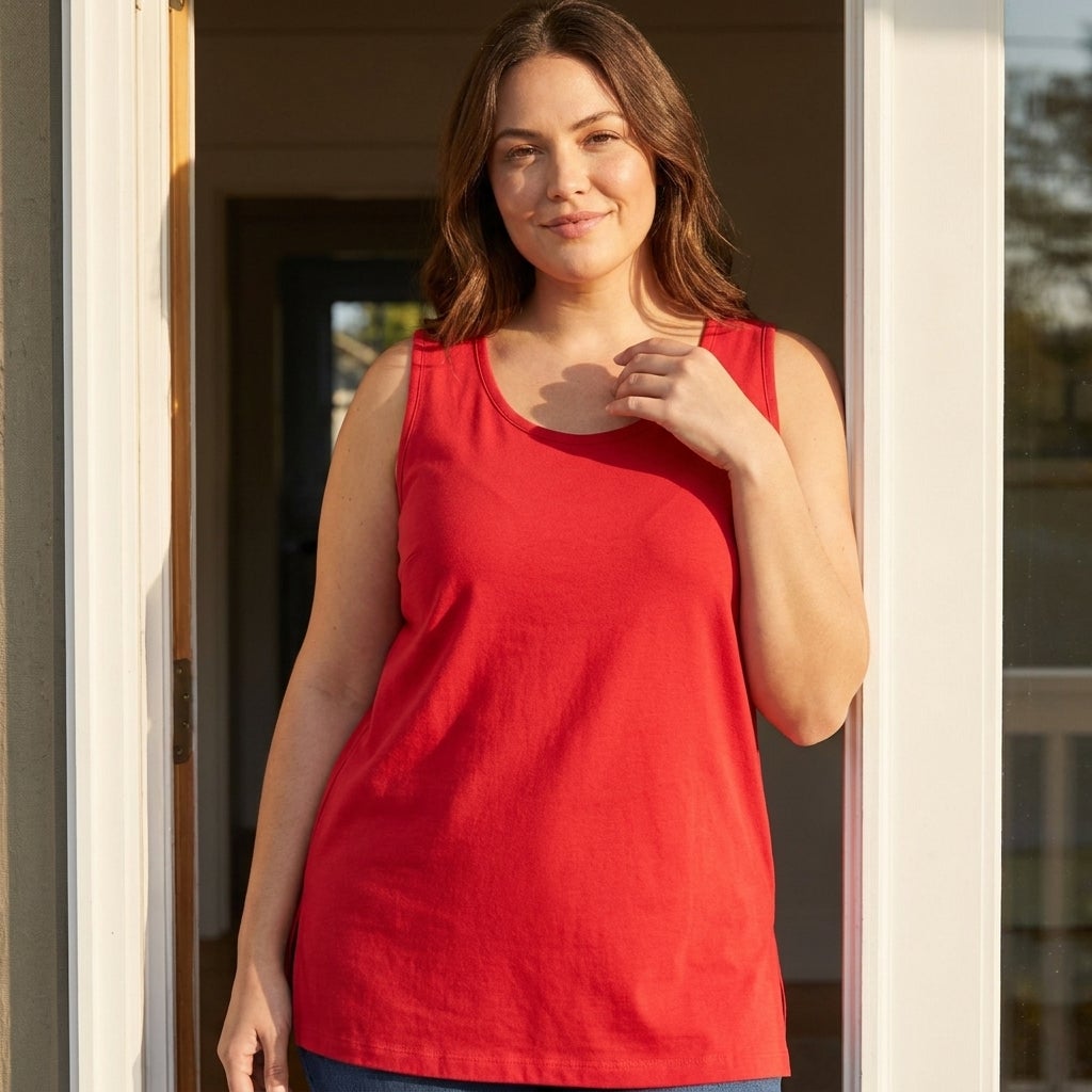 Close view of a woman wearing a relaxed scoopneck tank top with side hem slits