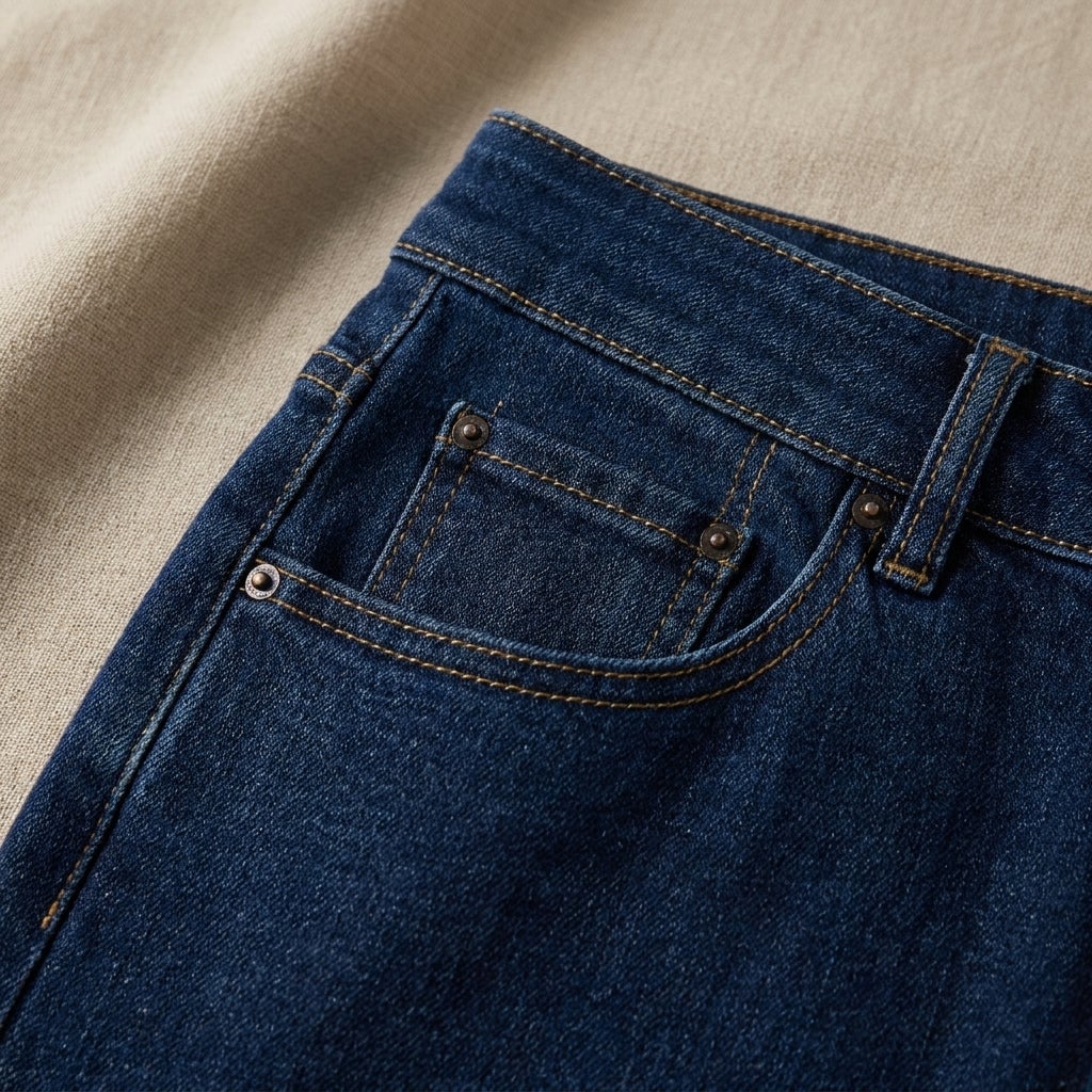 Close-up of five-pocket denim construction with front pocket and coin pocket visible