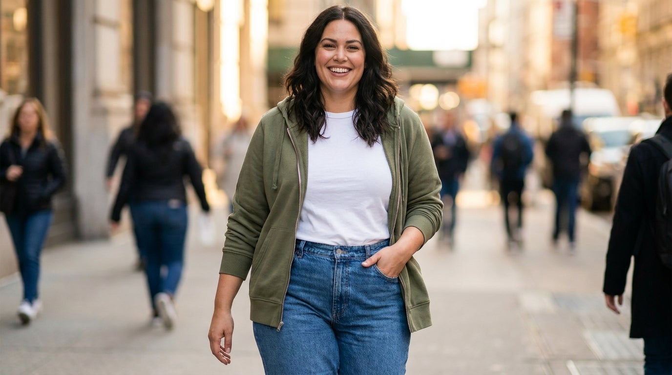 Woman in a golden-hour city scene wearing an open zip-front hoodie over a tee