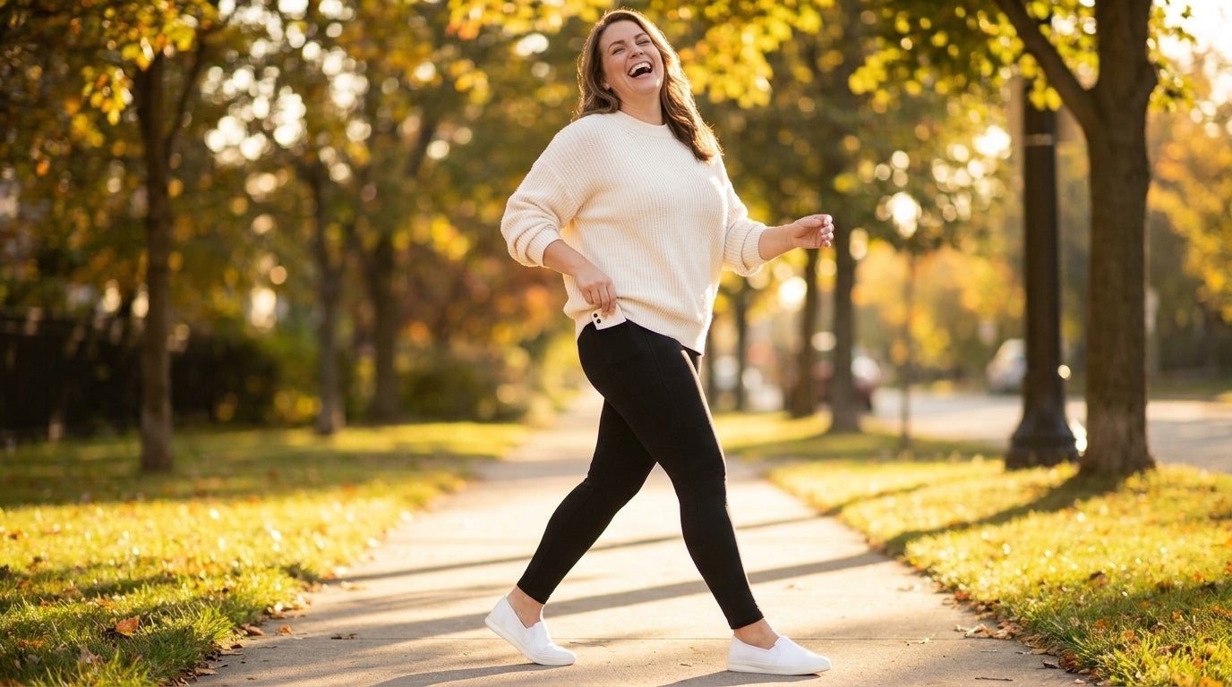 Woman in ankle-length leggings with a side pocket walking outdoors in golden light