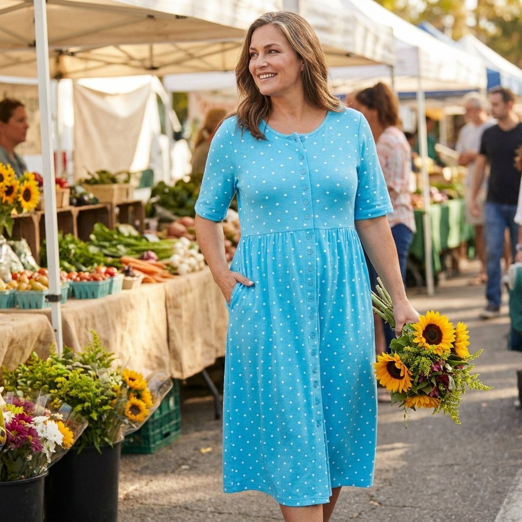 Woman at a farmers market holding flowers, one hand in the pocket of a button-front elbow-sleeve knit dress