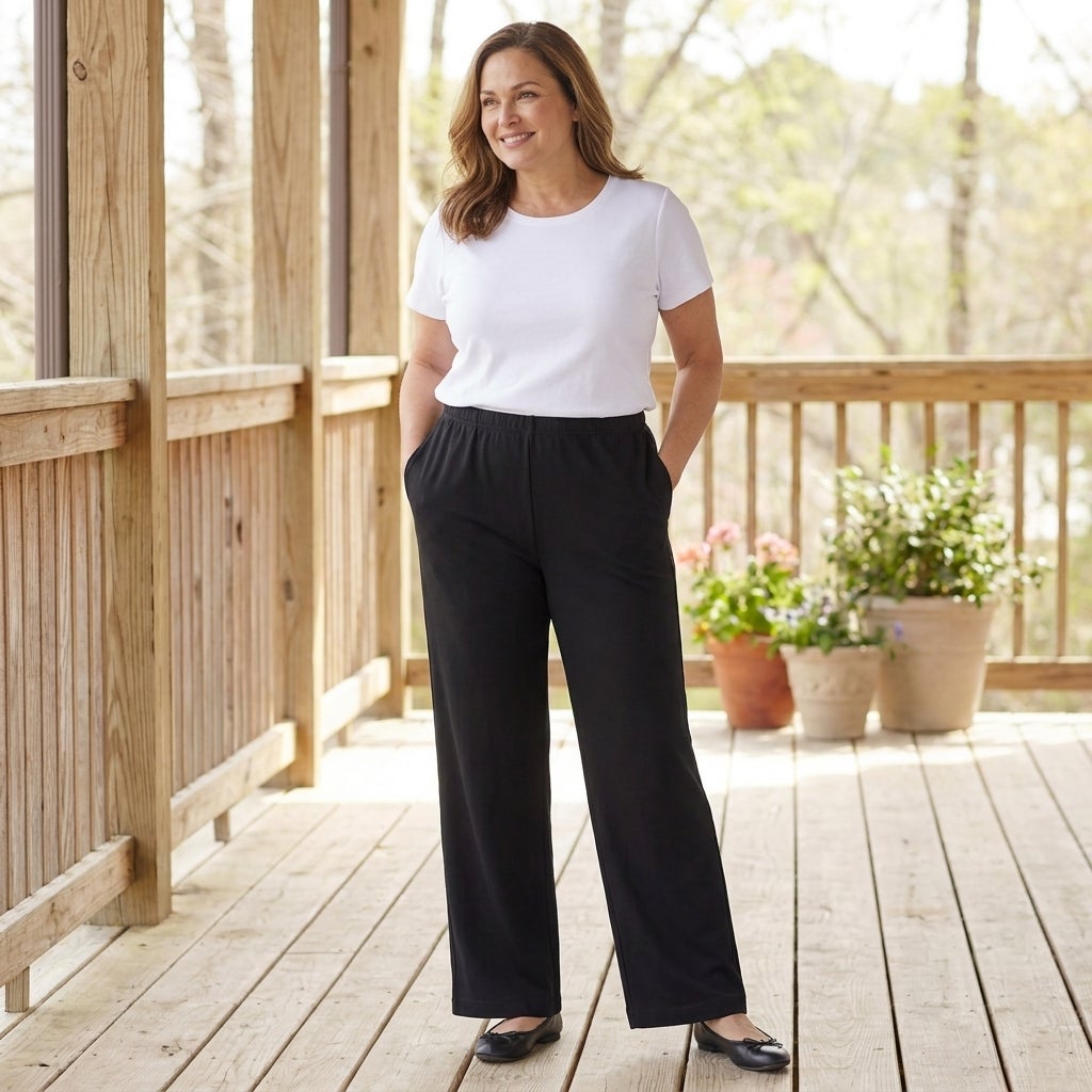 Woman standing on a porch in a wide-leg pull-on knit pant that drapes to the floor