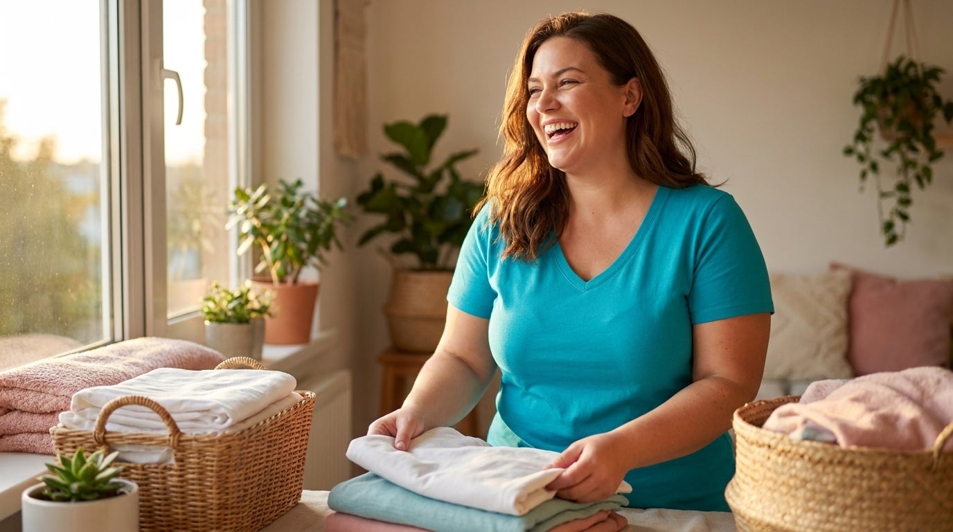 Woman in a V-neck cotton tee folding laundry in warm sunlight