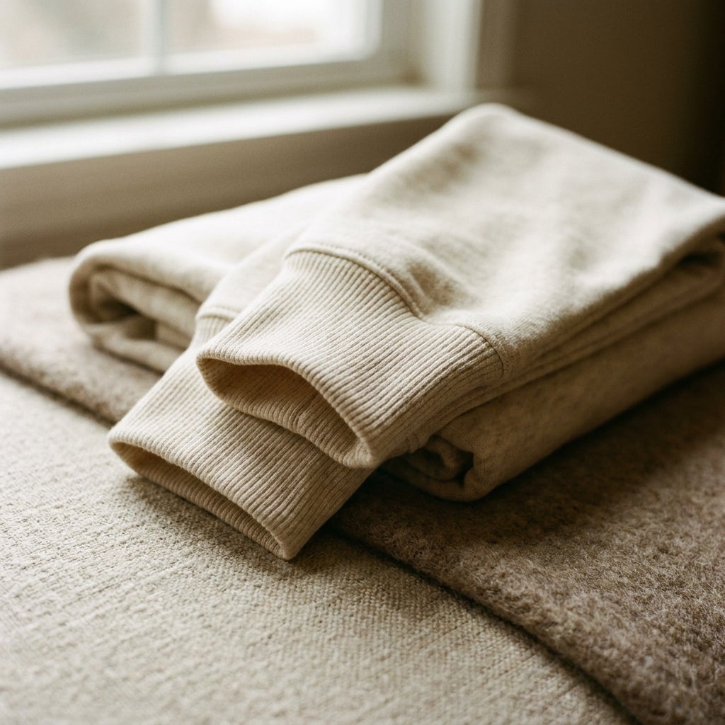 Close detail of a ribbed cuff on a folded knit hoodie sleeve in warm daylight