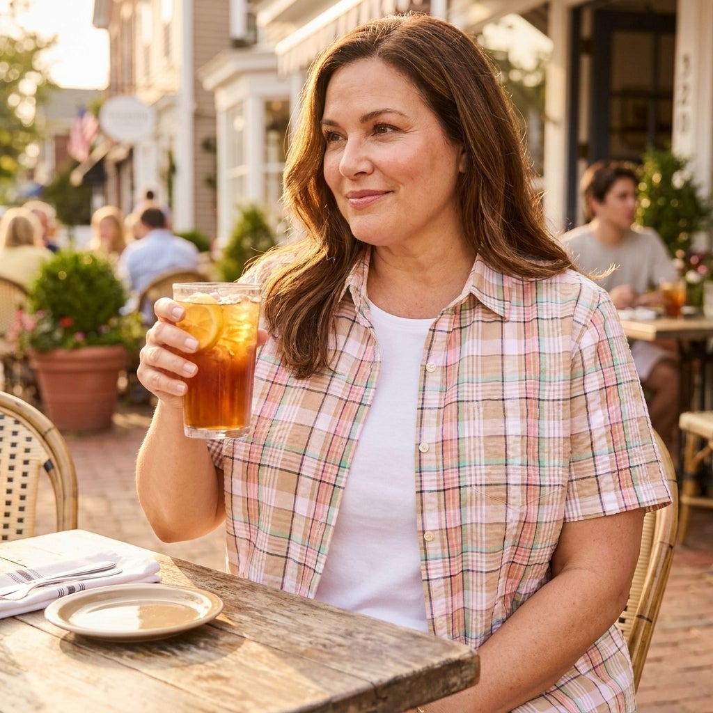 Woman at an outdoor cafe wearing an open seersucker button-down shirt over a printed tee