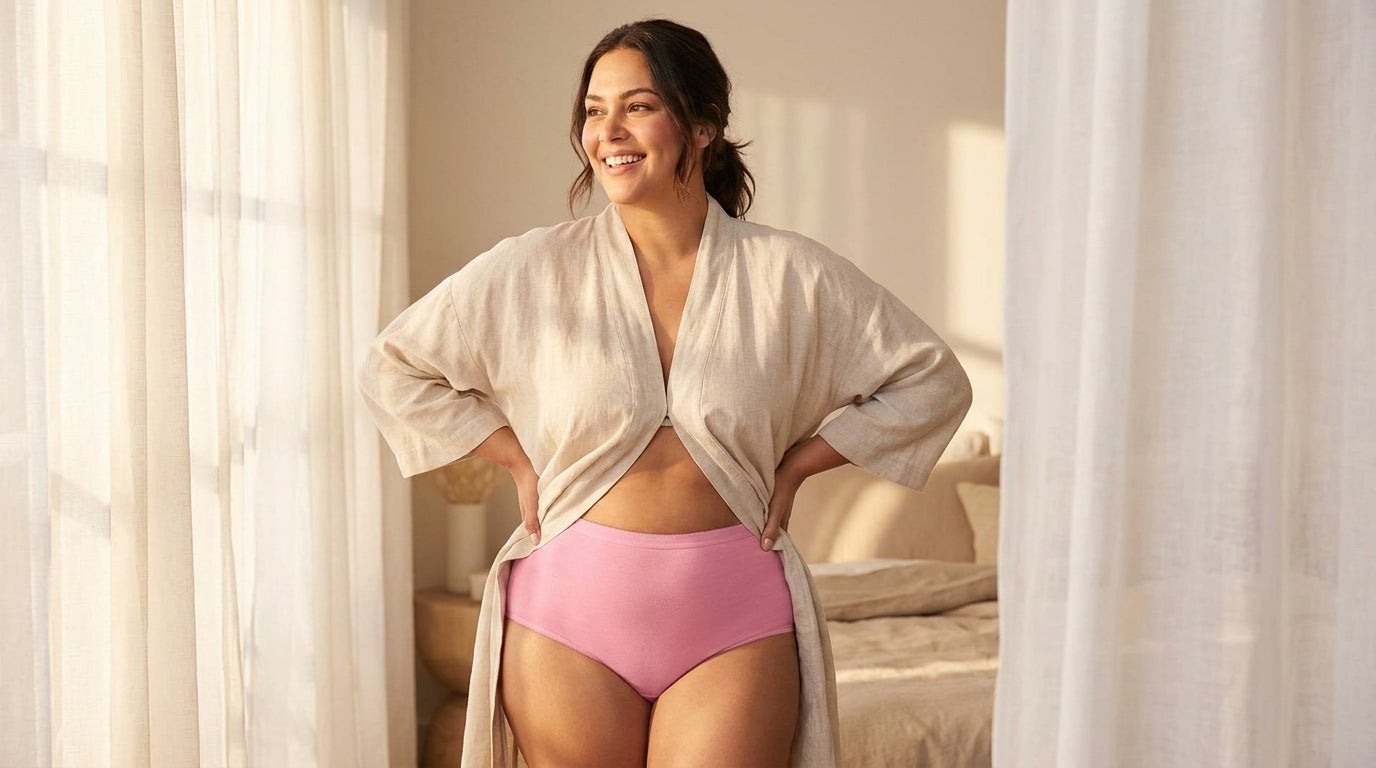 Woman in a sunlit bedroom wearing a full coverage cotton brief and open robe, smiling