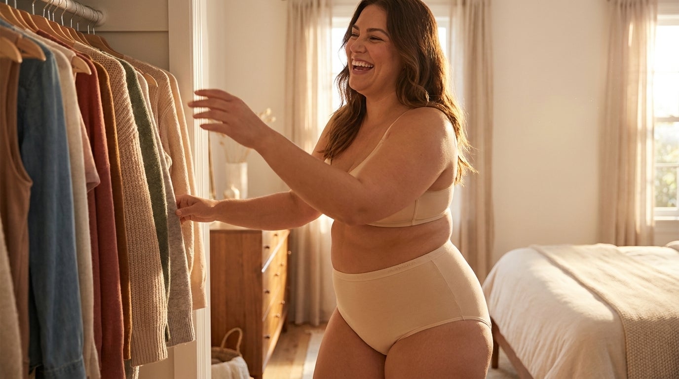 Woman laughing in soft morning light while wearing a full coverage cotton brief