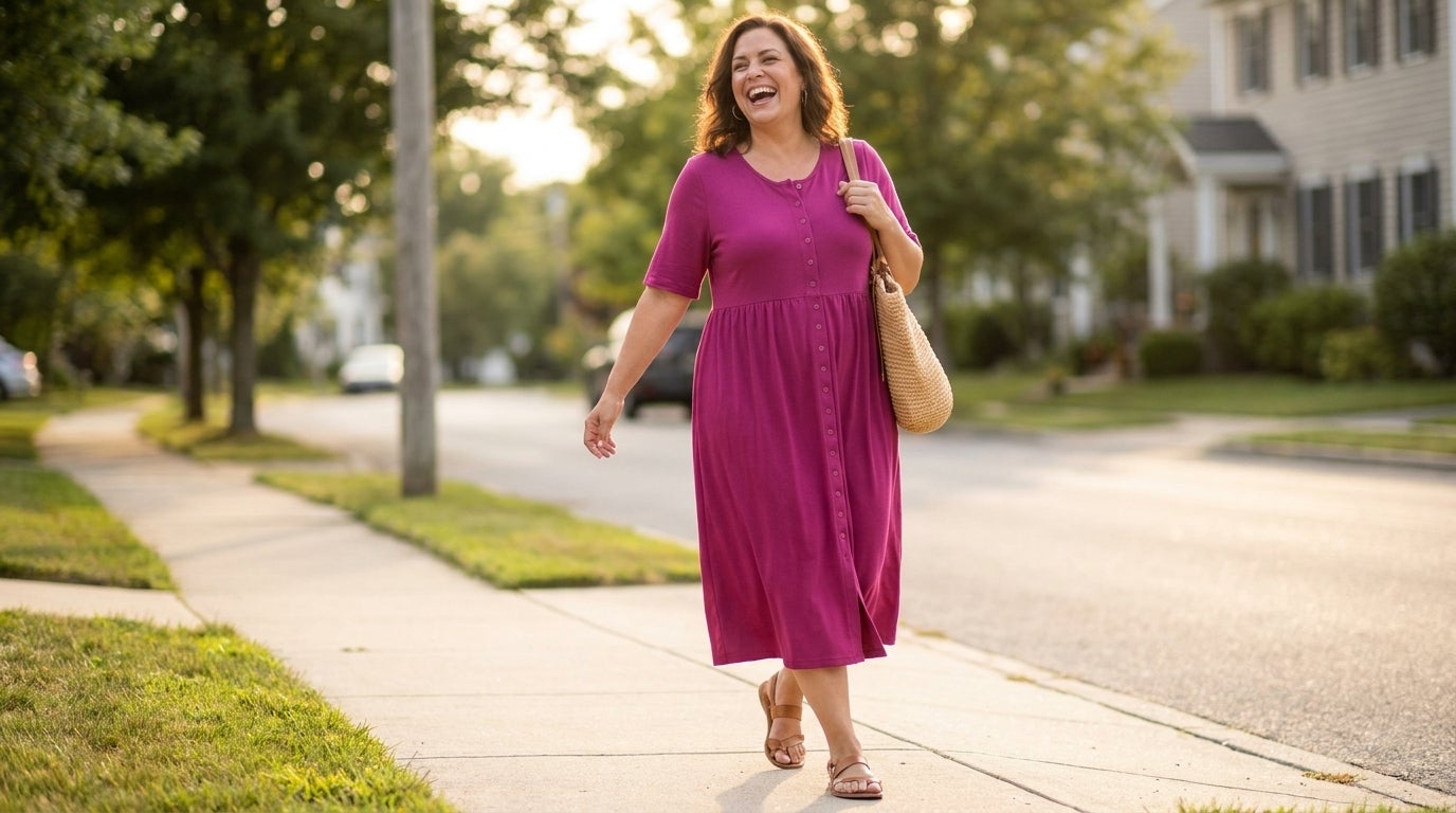 Woman in a button-front knit dress with an empire waist and elbow sleeves walking outdoors