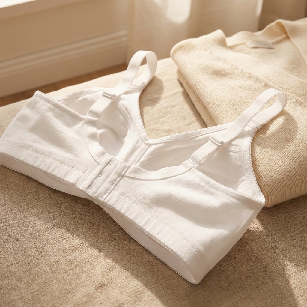 Close detail of a full-coverage bra's wide back panel and adjustable straps
