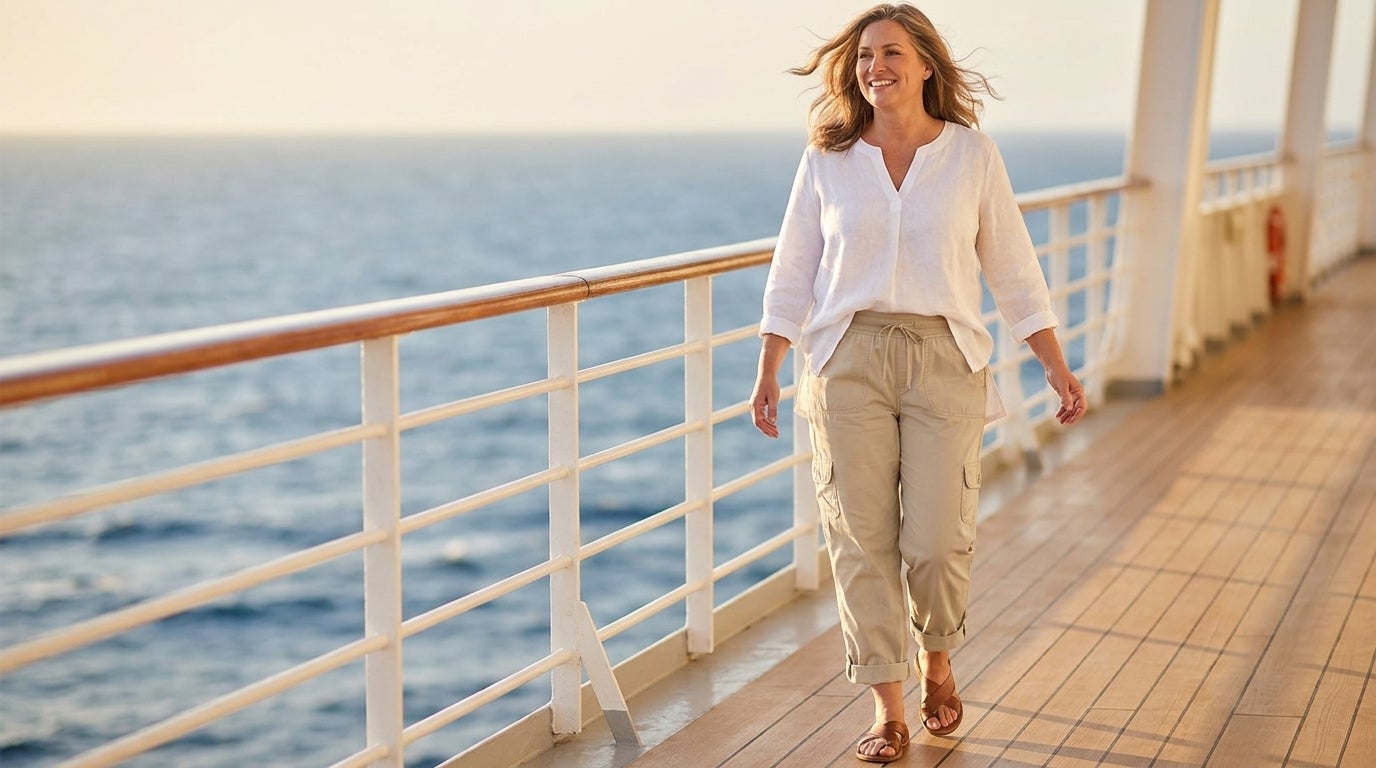 Woman in convertible cargo capri pants and a tunic walking a sunny cruise ship deck