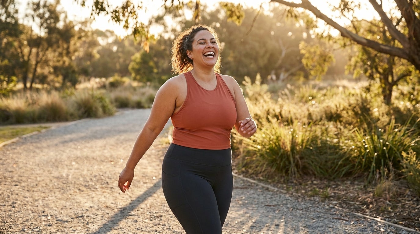 Plus-size woman in athletic wear walking confidently outdoors in sunlight