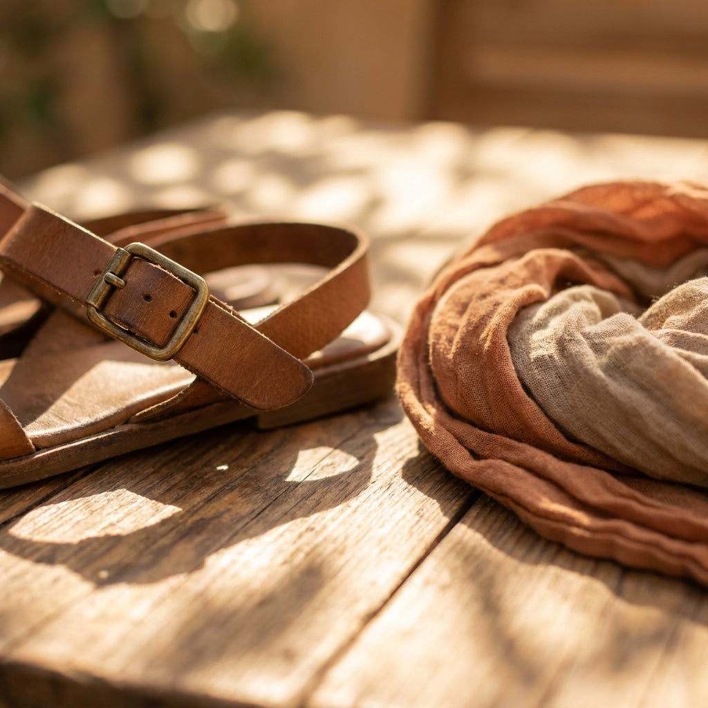 Close-up of an adjustable buckle strap on a wide-width sandal.