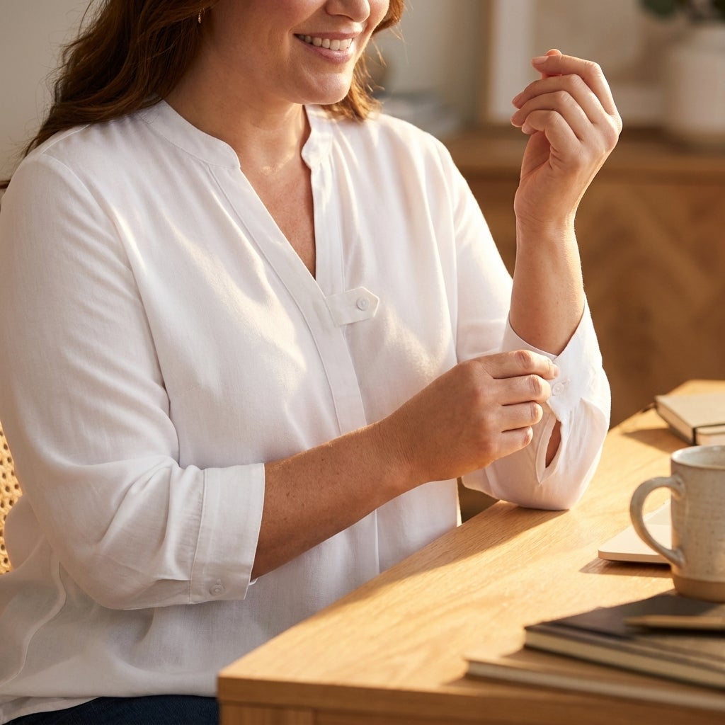 Close-up of a tab-front blouse cuff and collar on a seated woman
