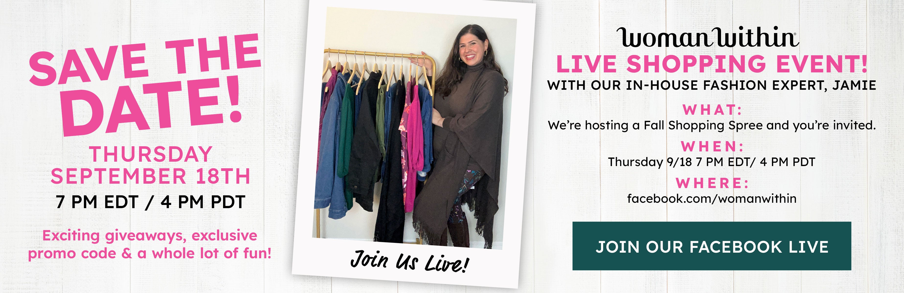 Save the date! thursday September 18th 7 pm edt / 4 pm pdt join our facebook live