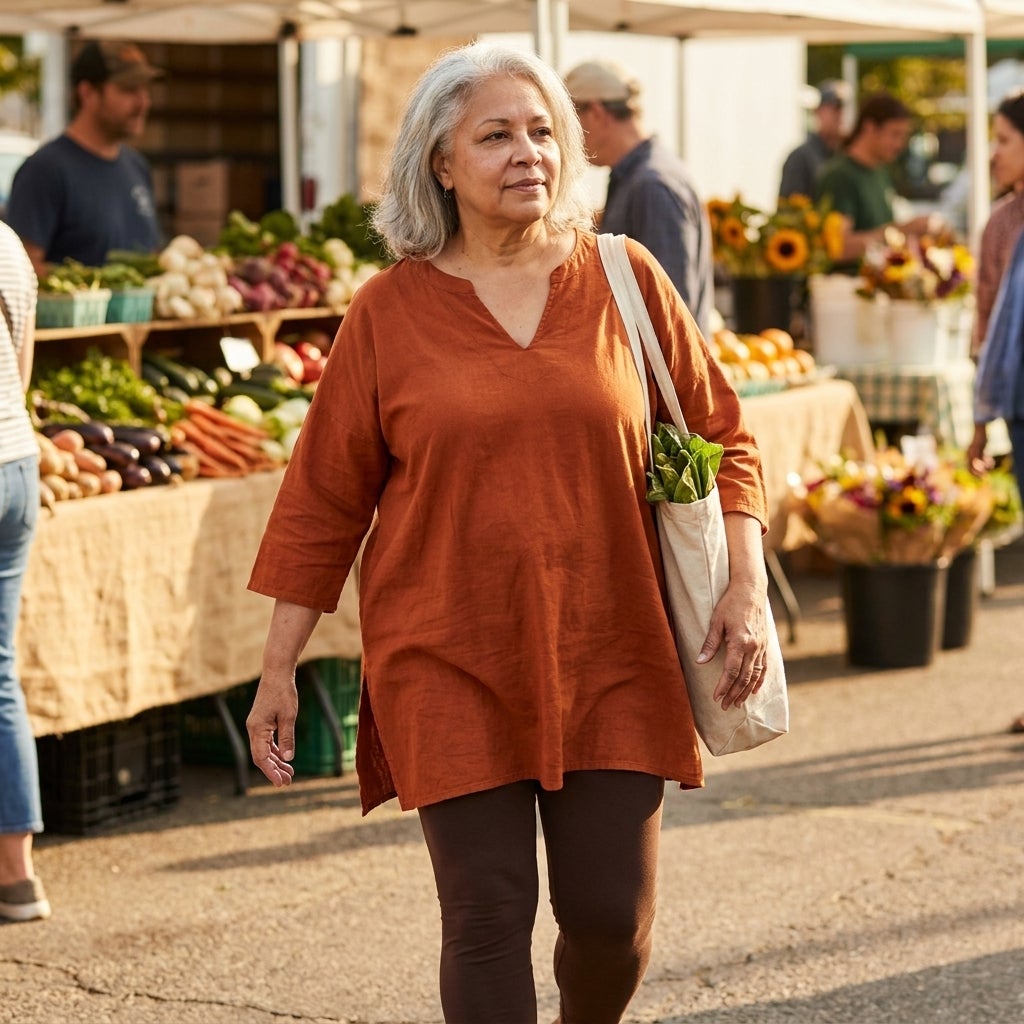 Woman wearing a longer V-neck cotton tunic over leggings at an outdoor market