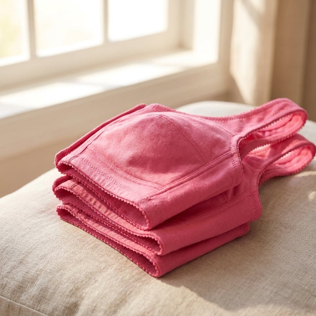 Folded three-pack of front-close cotton wireless bras with picot trim