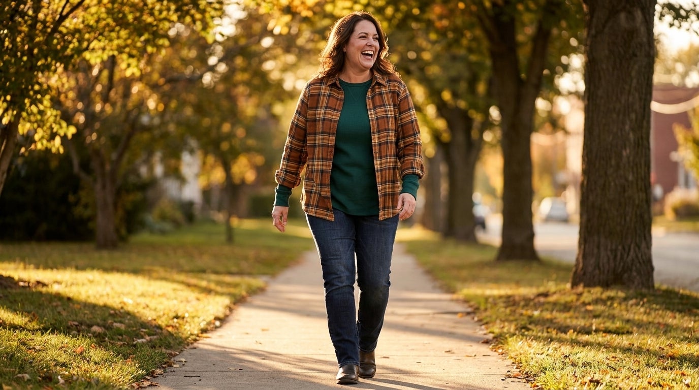 Woman in an open plaid flannel shirt layered over a waffle knit thermal, walking outdoors in golden light
