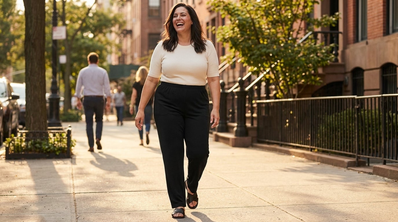 Woman walking outdoors in straight-leg pull-on knit pants with flat sandals